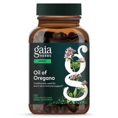 Gaia Herbs frasco frontal mostrando cápsulas y beneficios de pureza