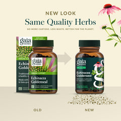 Gaia Herbs frasco sobre mesa con hierbas secas destacando formulación tradicional