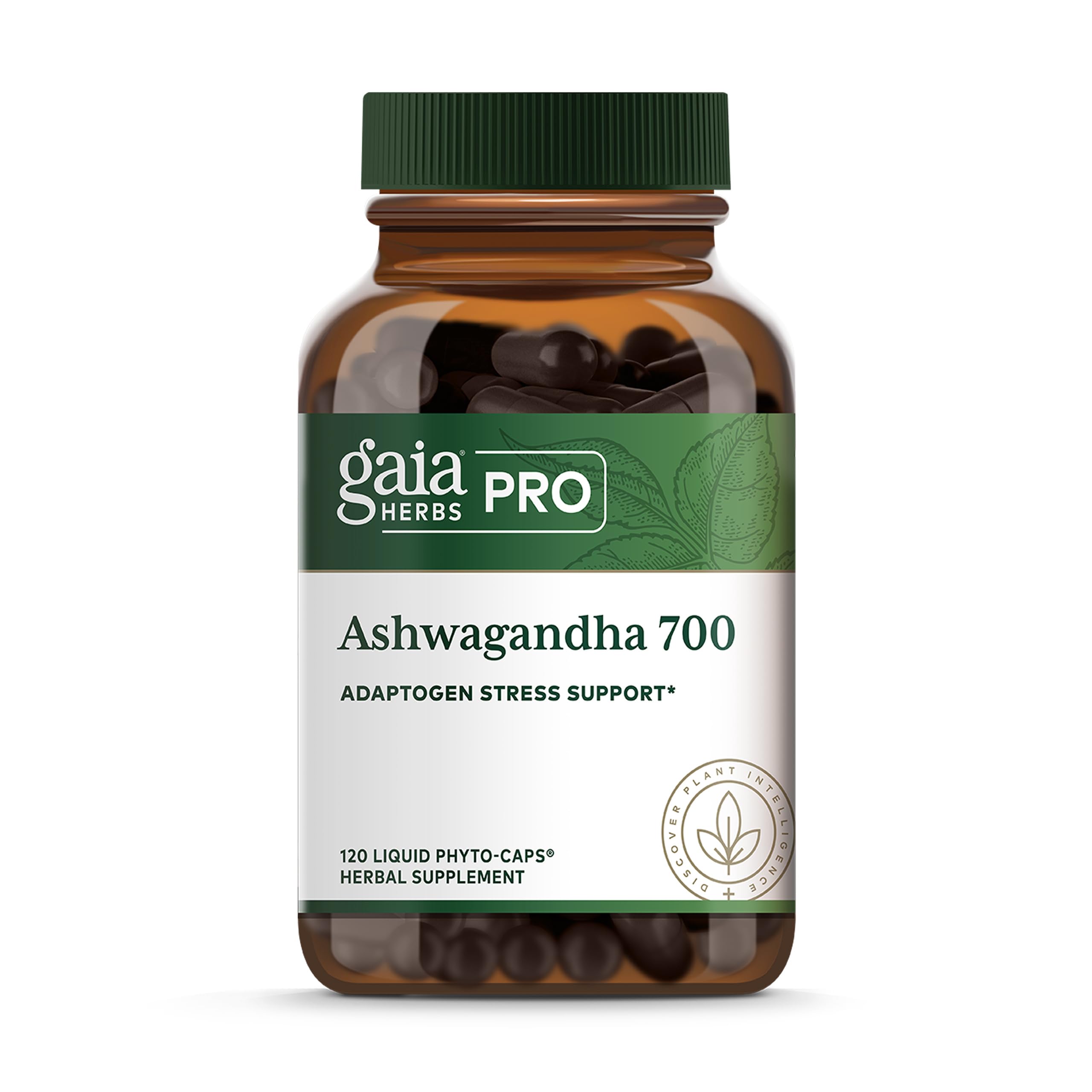 Gaia Herbs PRO frasco frontal de Ashwagandha 700 mostrando etiqueta clara y beneficios