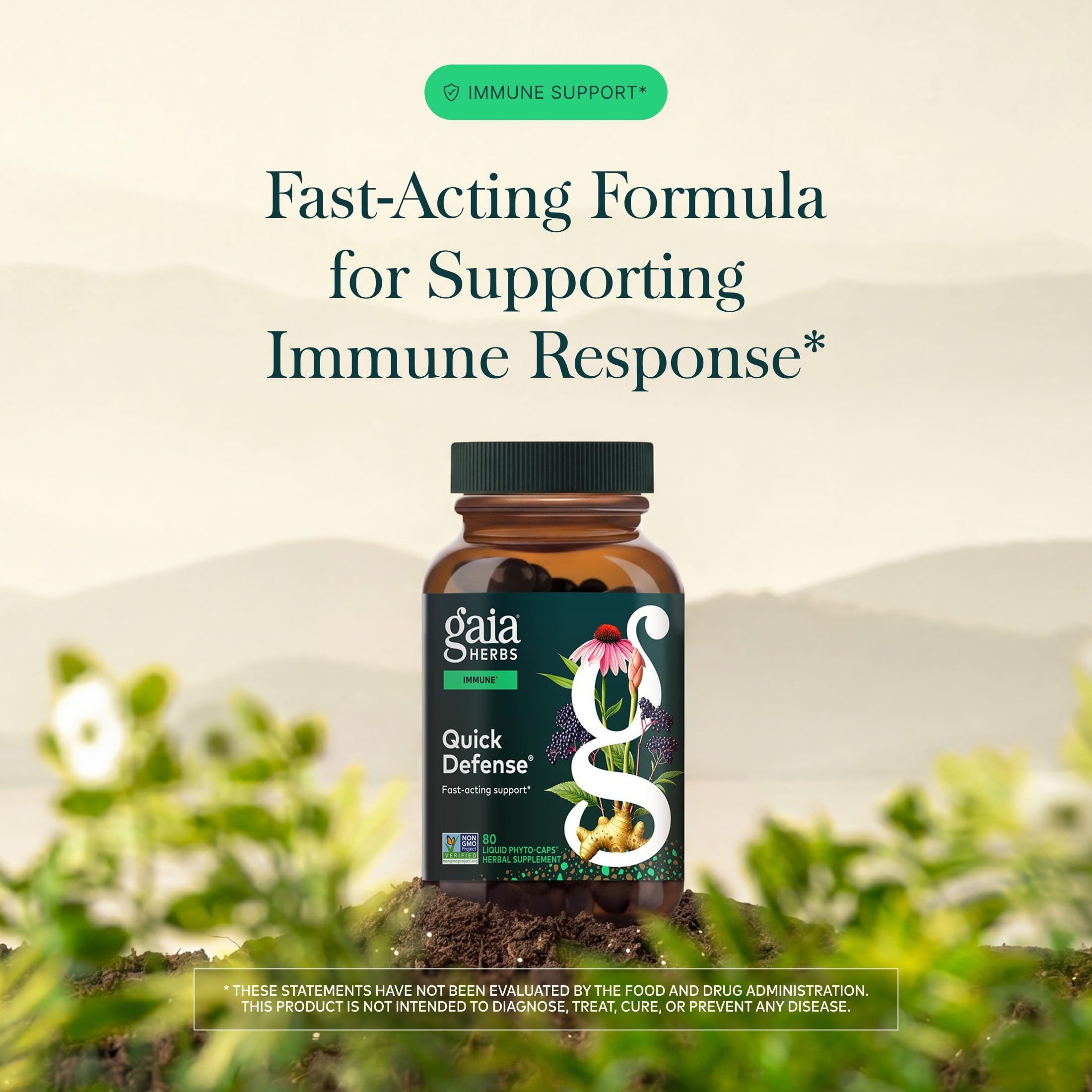 Etiqueta de Gaia Herbs Quick Defense con listado de ingredientes concentrados visibles