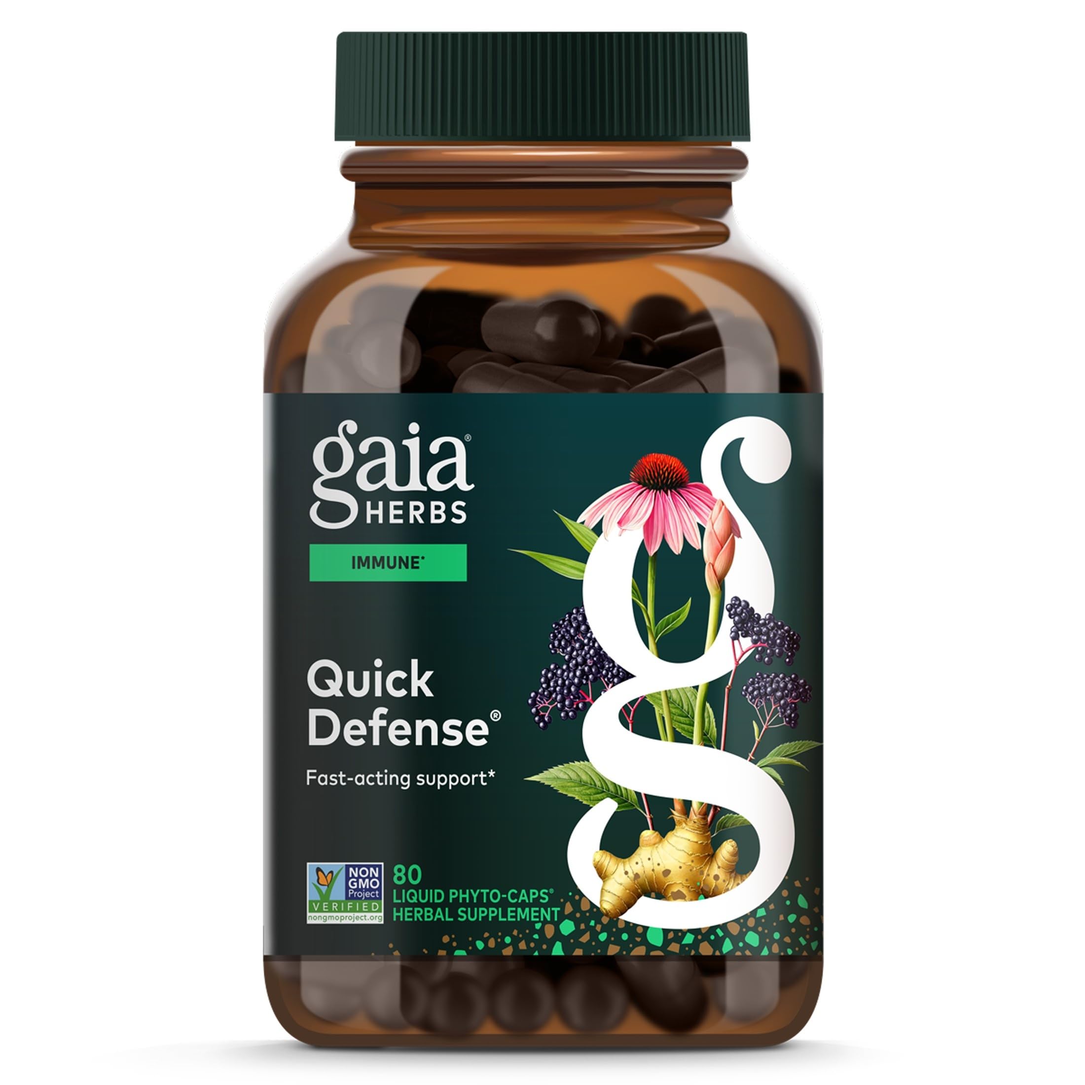 Gaia Herbs frasco frontal Quick Defense mostrando diseño y tamaño del producto
