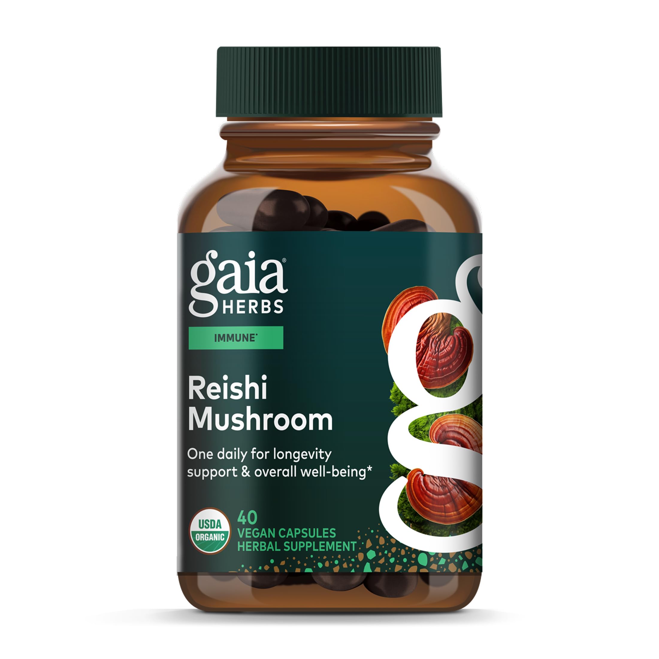 Gaia Herbs frasco frontal mostrando etiqueta clara y beneficios
