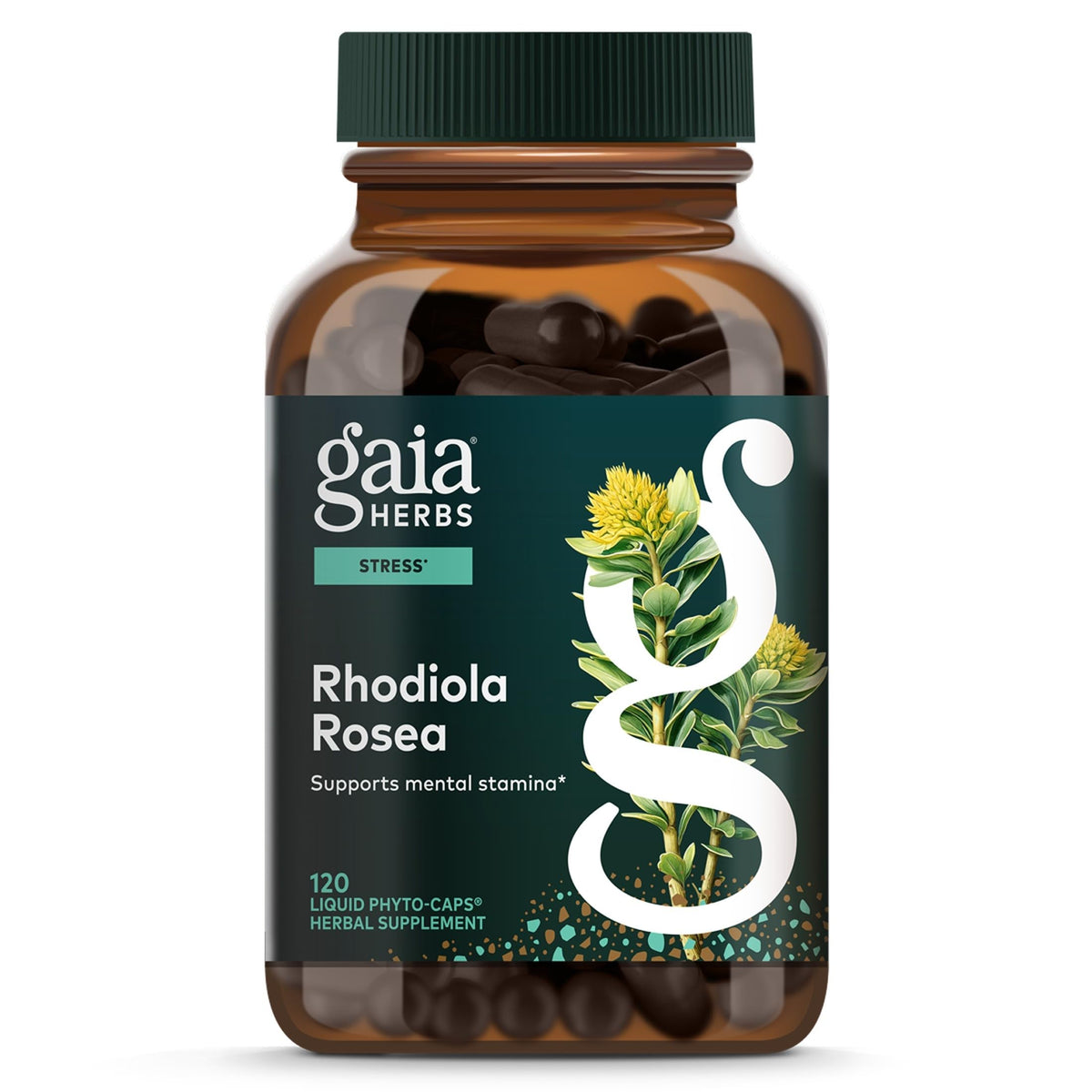Gaia Herbs frontal del envase mostrando marca y beneficio de energía