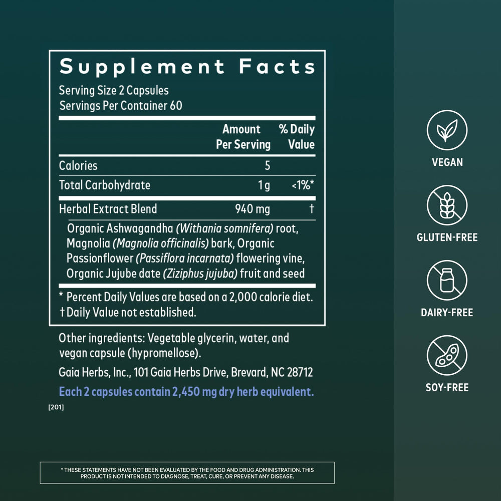 Gaia Herbs SleepThru cápsulas veganas líquidas detalle que muestra calidad
