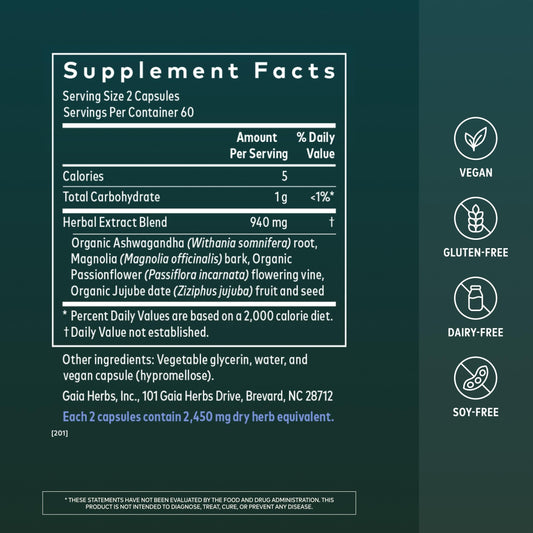 Gaia Herbs SleepThru cápsulas veganas líquidas detalle que muestra calidad