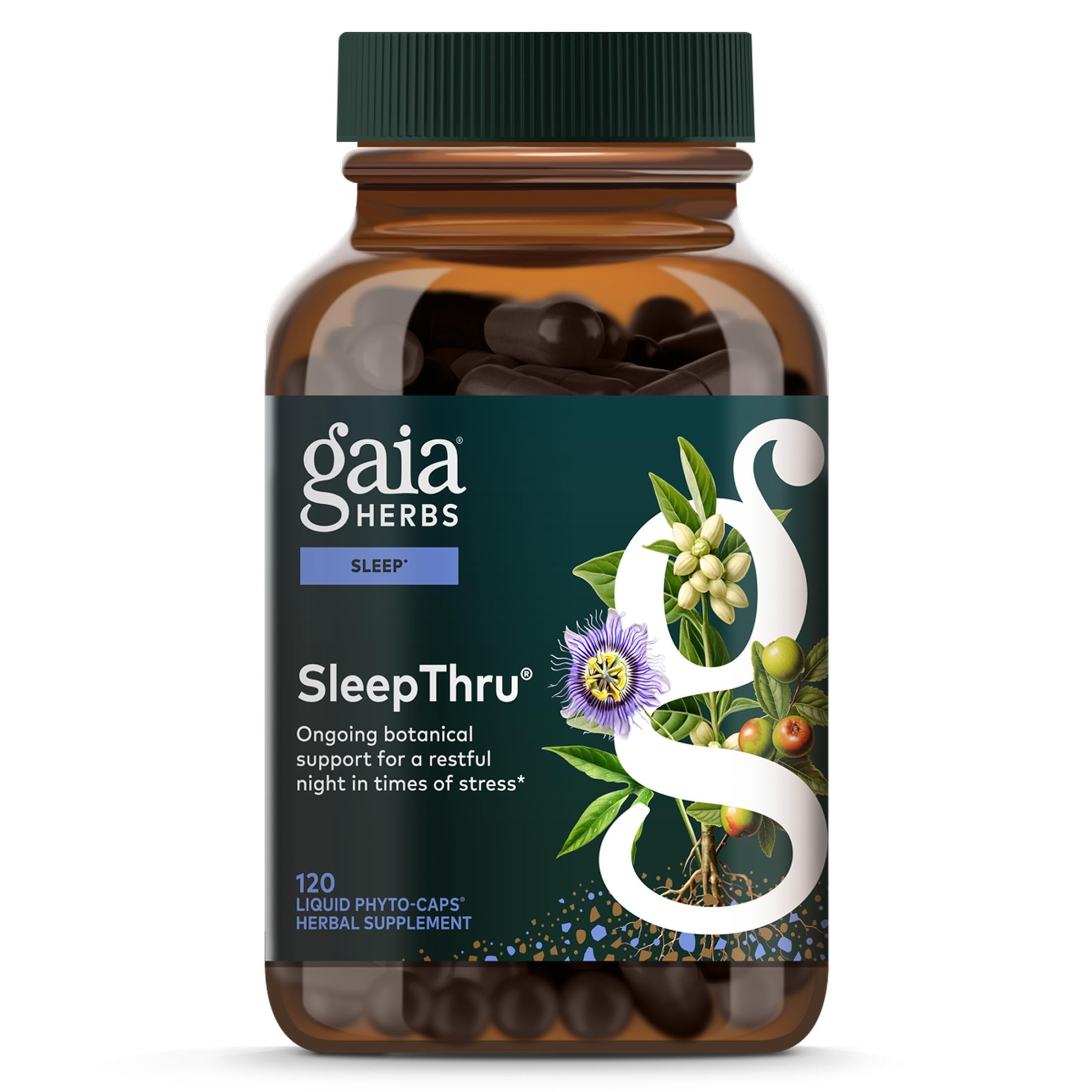 Gaia Herbs SleepThru vista frontal del envase que transmite confianza
