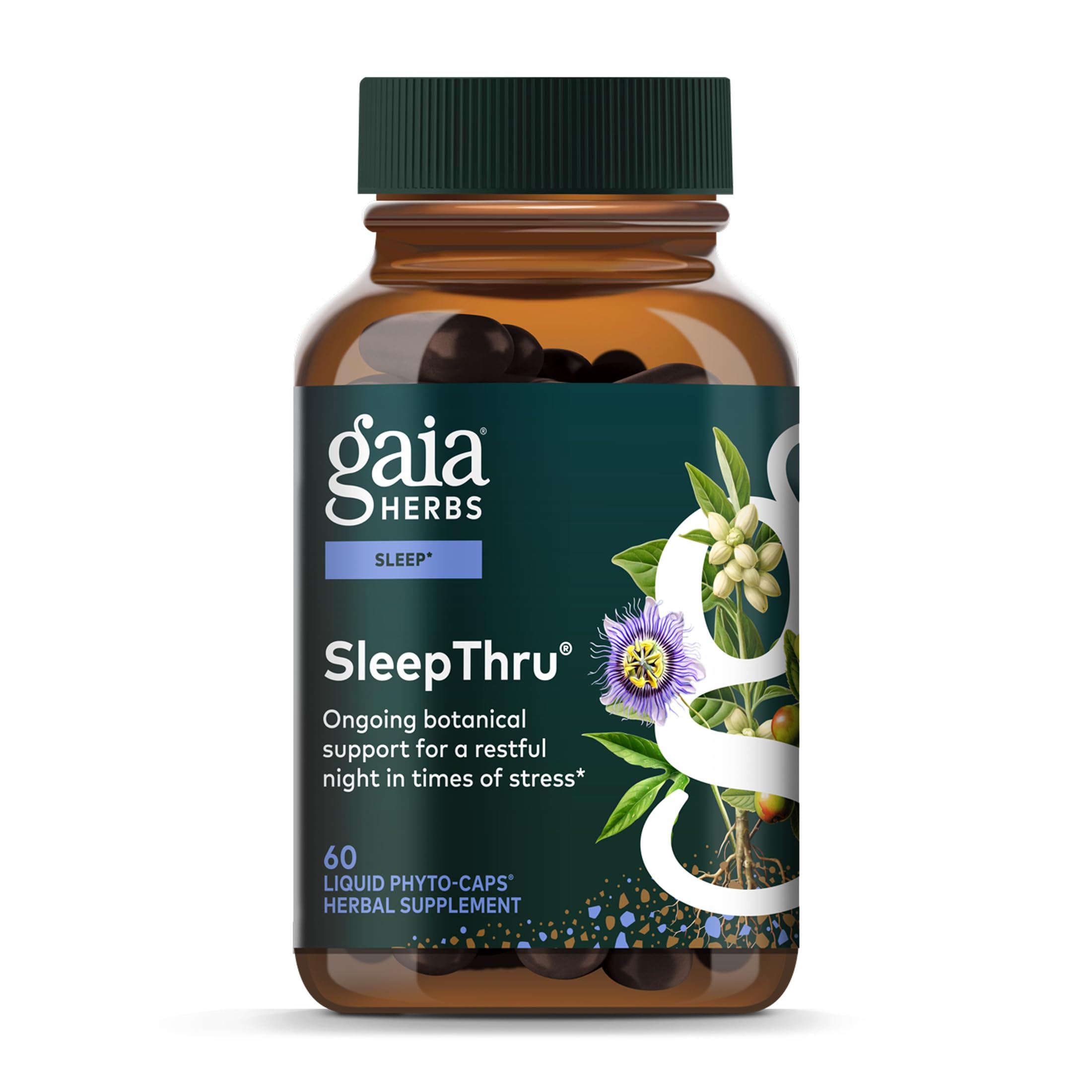 Gaia Herbs frasco frontal mostrando nombre y beneficio para el sueño