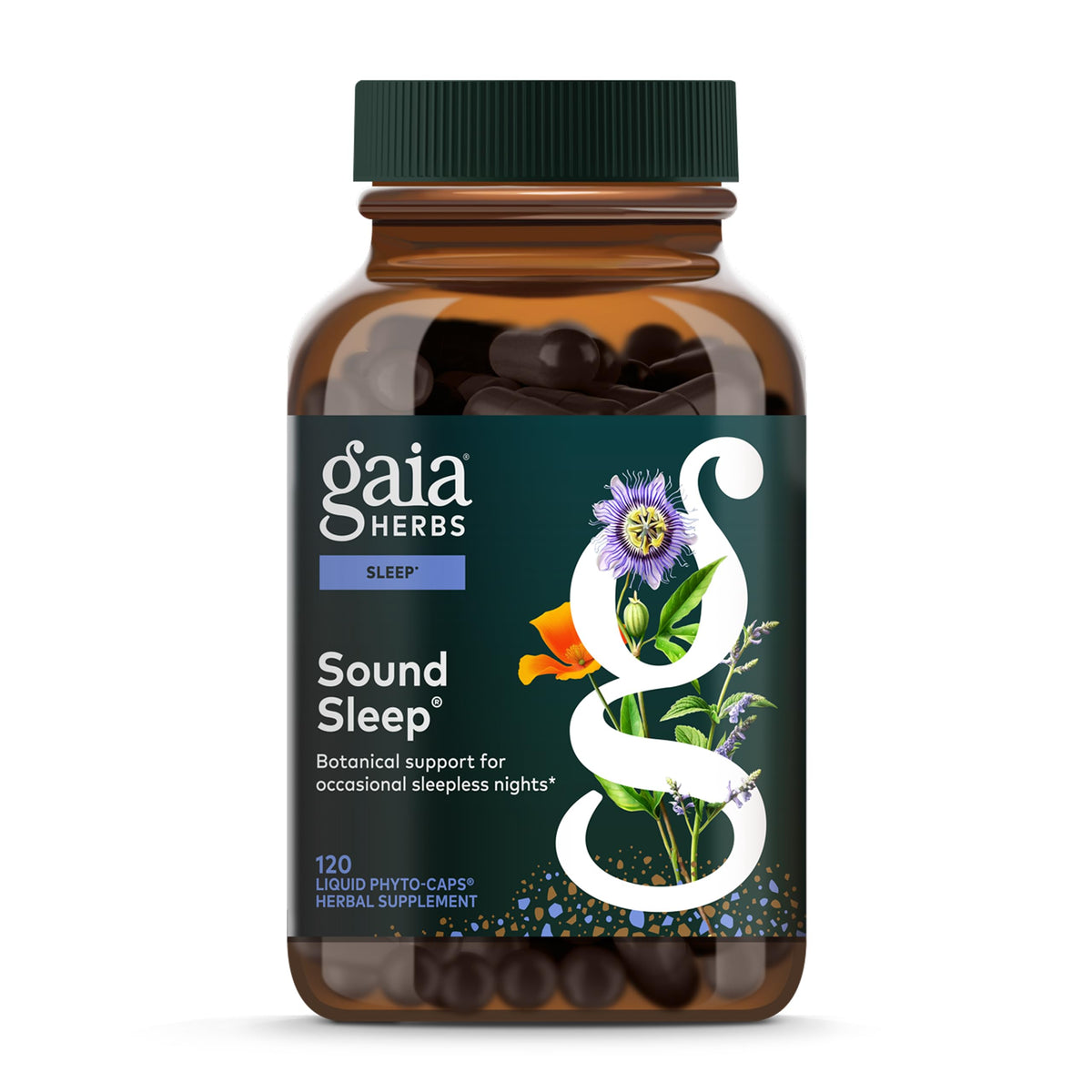Gaia Herbs frasco frontal mostrando etiqueta clara y beneficios