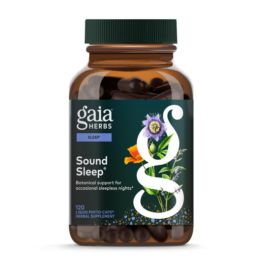 Gaia Herbs frasco frontal mostrando etiqueta clara y beneficios