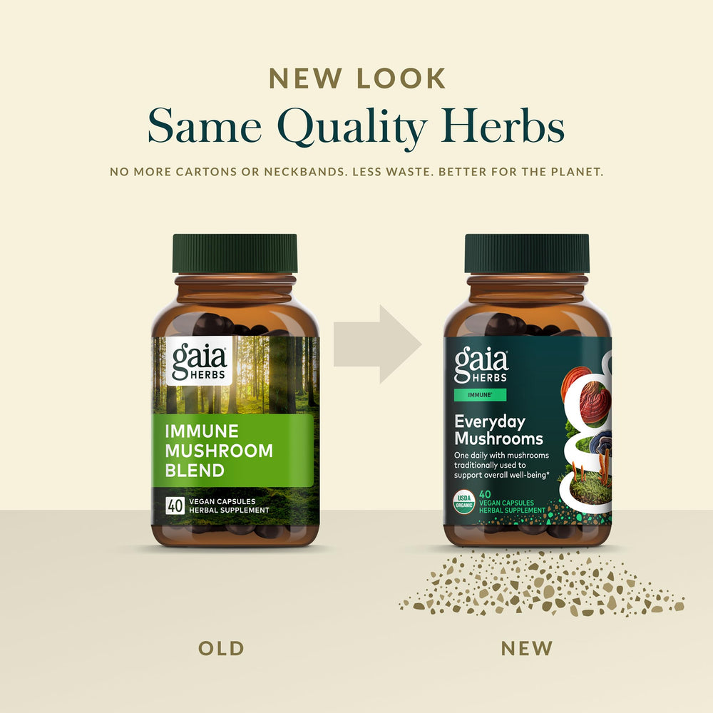 Gaia Herbs cápsula junto a moneda para comparar escala y porción diaria