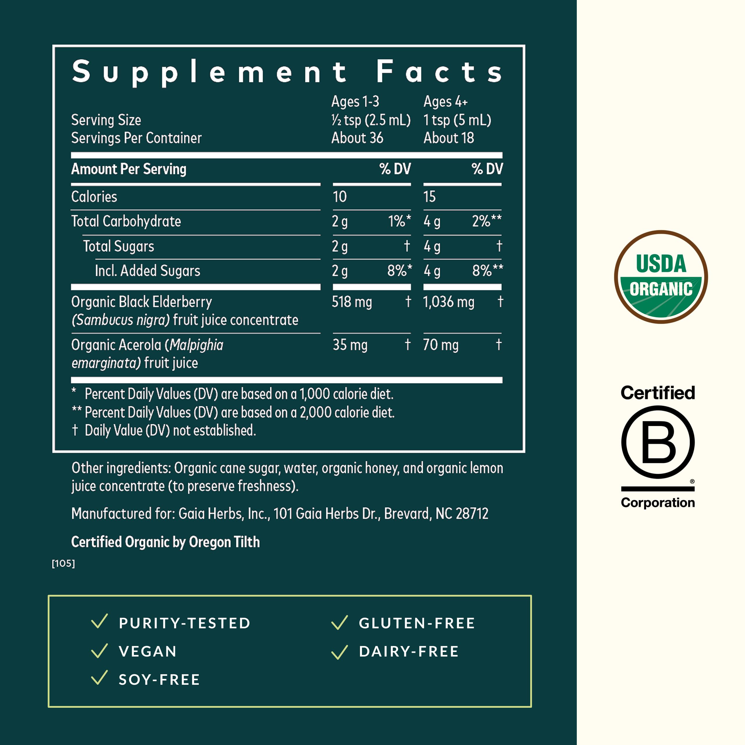 Gaia Herbs textura del jarabe de saúco en primer plano, demuestra color y consistencia apetecible