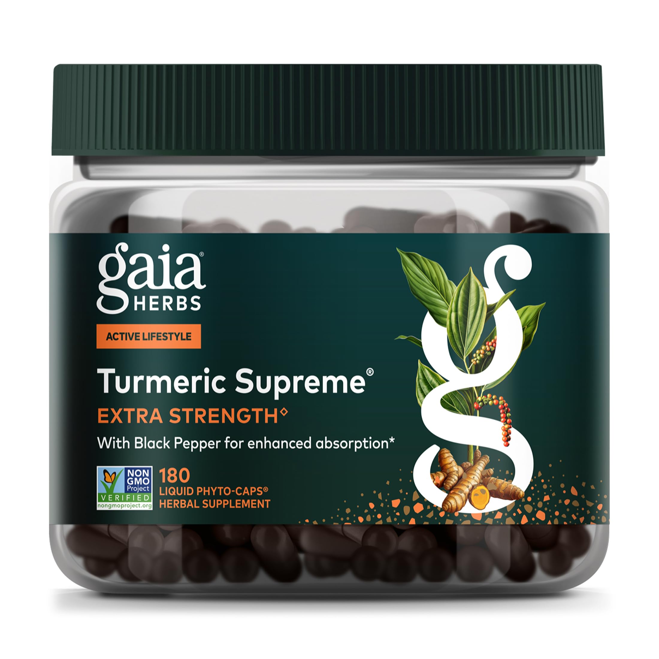 Gaia Herbs envase frontal mostrando marca y dosis para confianza