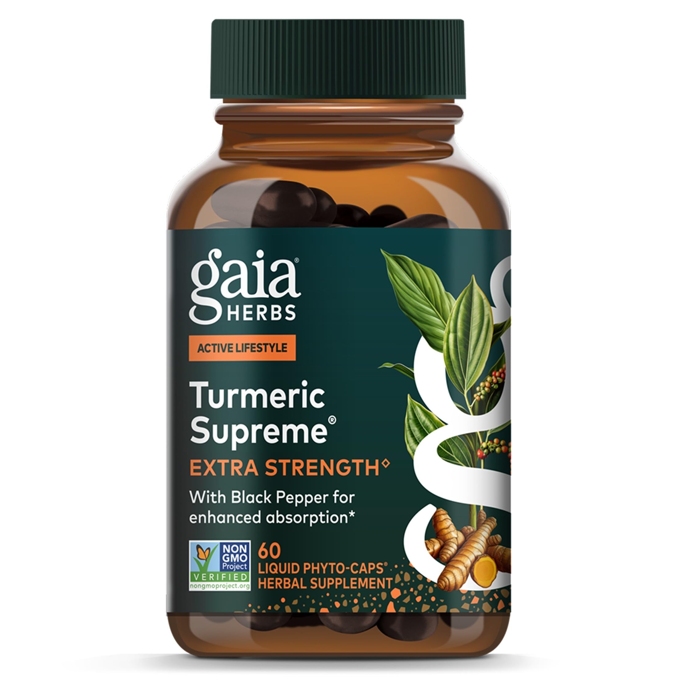 Gaia Herbs frasco frontal del producto que muestra diseño y cantidad