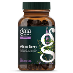 Gaia Herbs frasco frontis mostrando cápsulas y beneficios