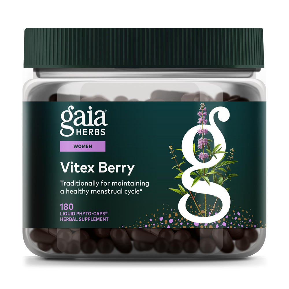 Gaia Herbs frasco frontal mostrando etiqueta y beneficio natural