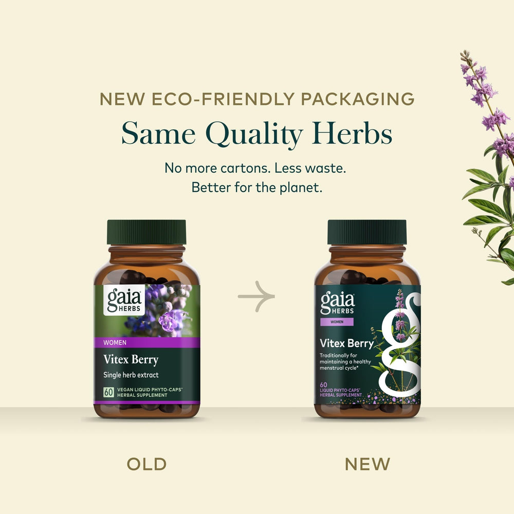 Persona sosteniendo una cápsula Gaia Herbs Vitex Berry para referencia visual