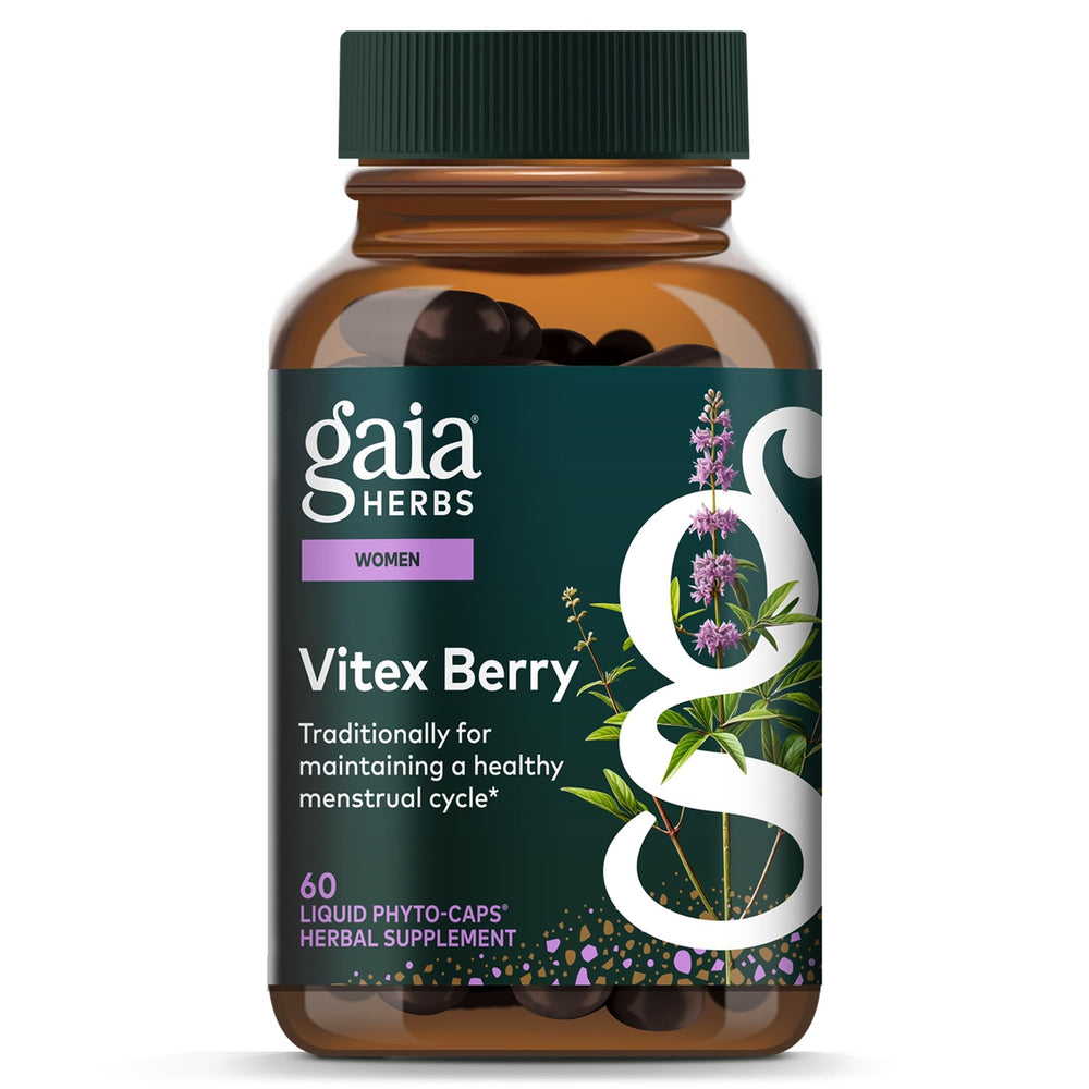 Gaia Herbs frasco frontal del Vitex Berry mostrando etiqueta y beneficios