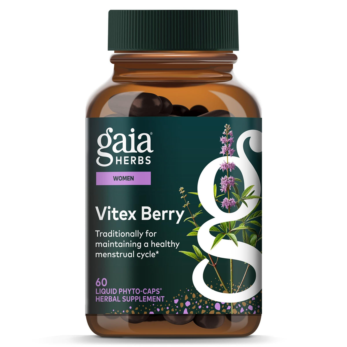 Gaia Herbs frasco frontal del Vitex Berry mostrando etiqueta y beneficios