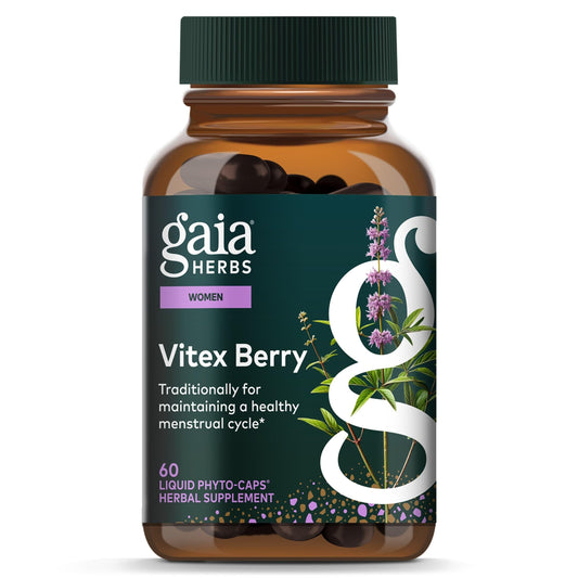Gaia Herbs frasco frontal del Vitex Berry mostrando etiqueta y beneficios