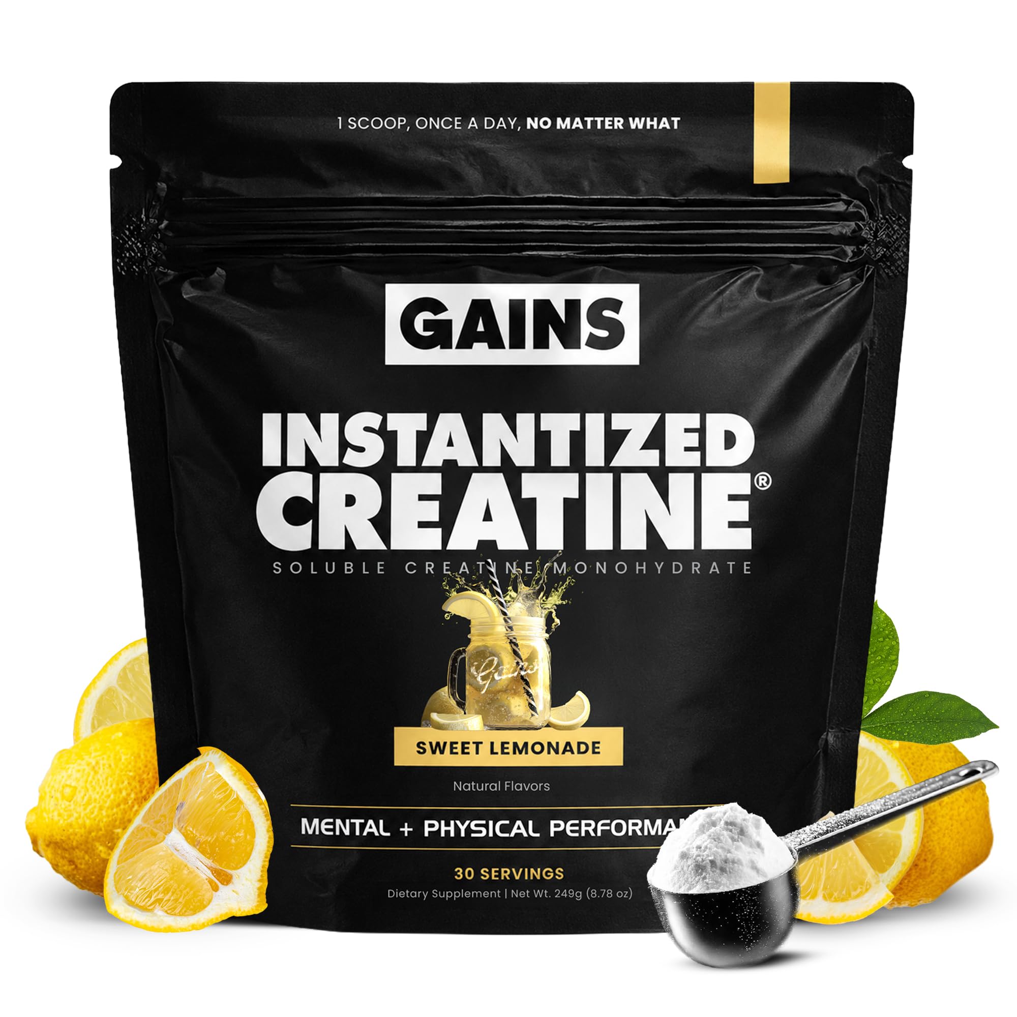 Gains in Bulk empaque frontal mostrando sabor Sweet Lemonade y beneficios