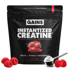 Gains in Bulk tarro frontal mostrando el envase y sabor frambuesa agria