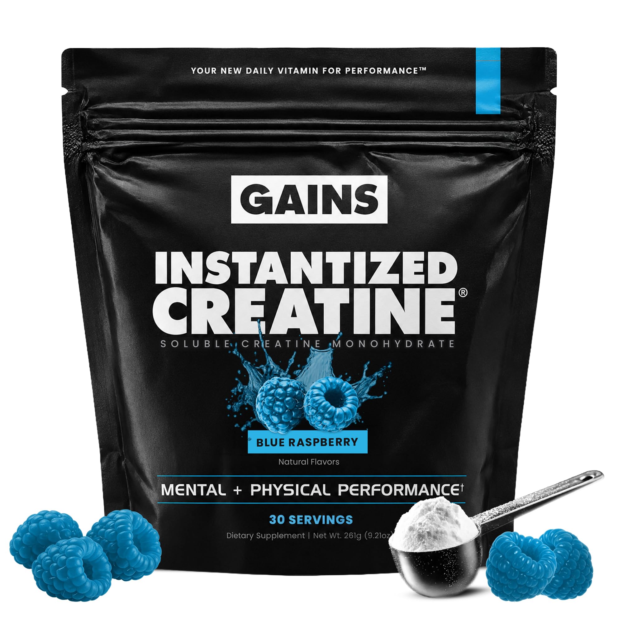 Gains in Bulk lata frontal sabor Blue Raspberry mostrando envase y beneficios