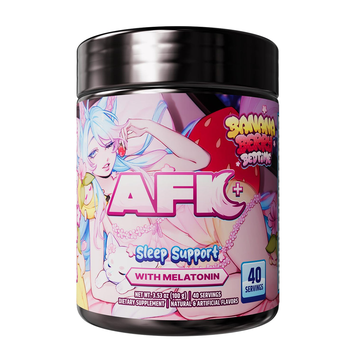 Gamer Supps frasco frontal mostrando diseño y sabor bananaberry, ideal para rutinas nocturnas