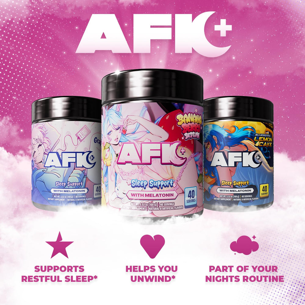 Comparación de tamaño del envase Gamer Supps AFK+ frente a una mano para referencia de porciones