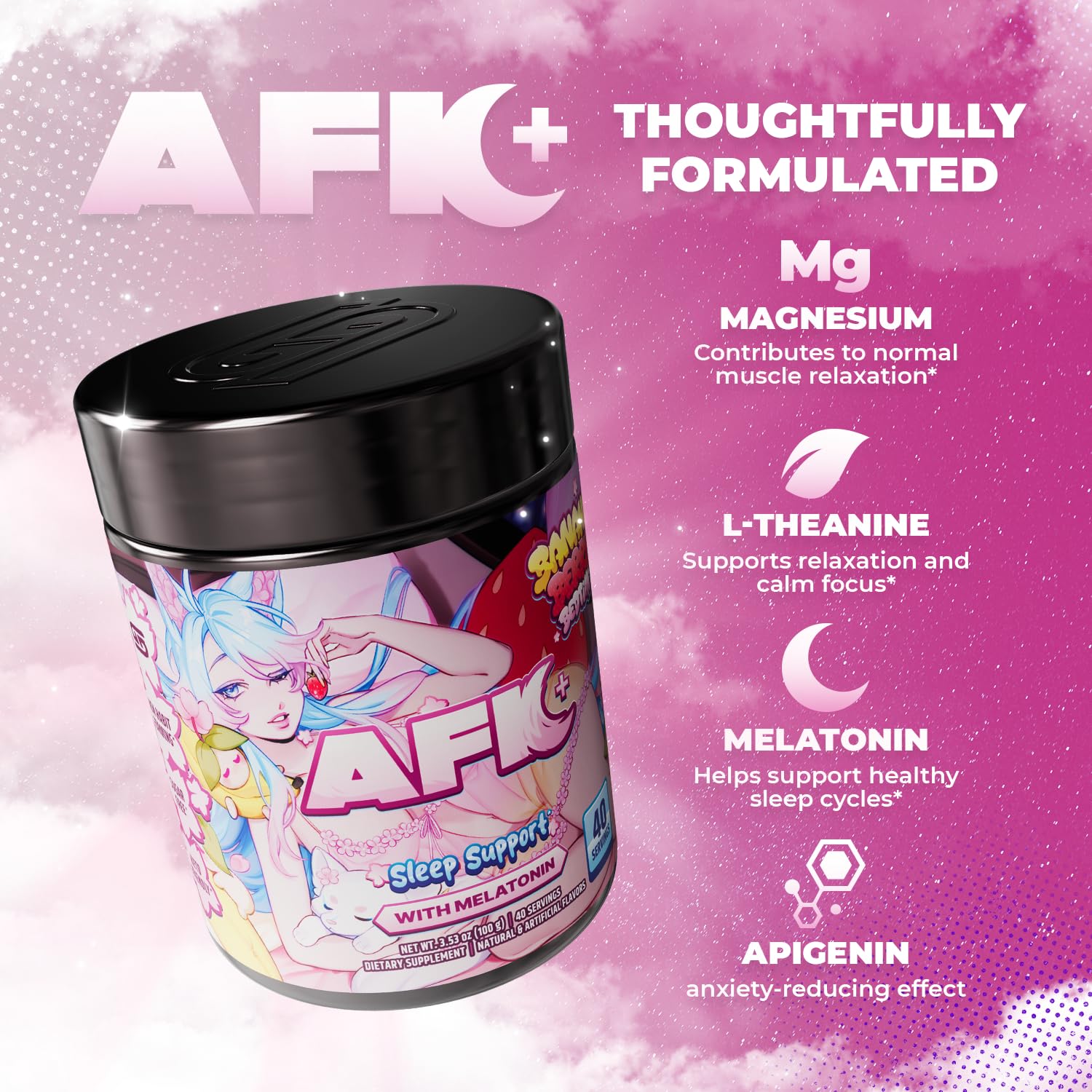 Vaso con bebida preparada AFK+ Gamer Supps, sabor bananaberry listo antes de dormir
