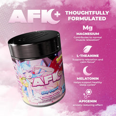 Vaso con bebida preparada AFK+ Gamer Supps, sabor bananaberry listo antes de dormir