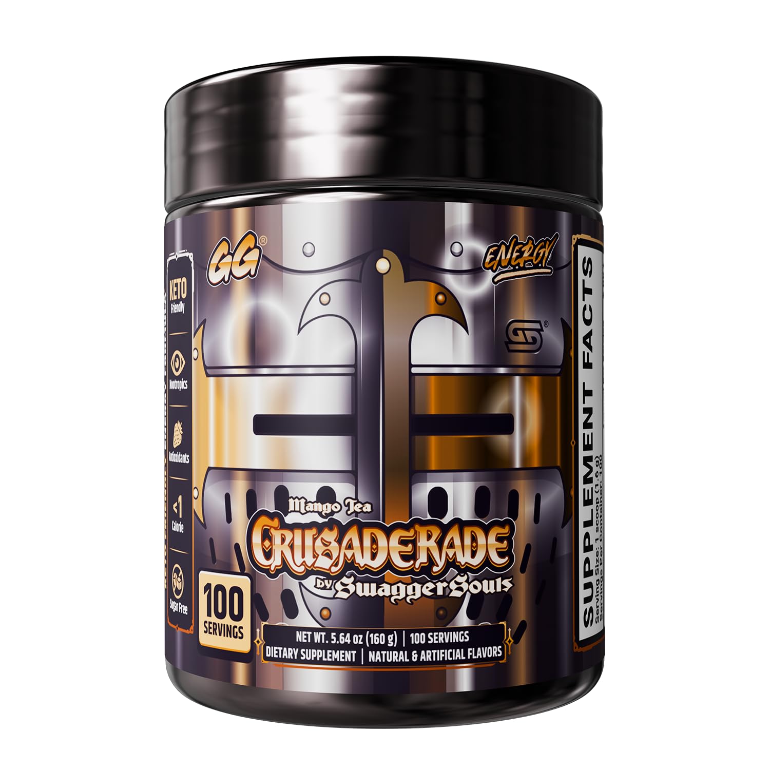 Gamer Supps tarro Crusaderade al frente, visual atractivo y claridad de etiqueta