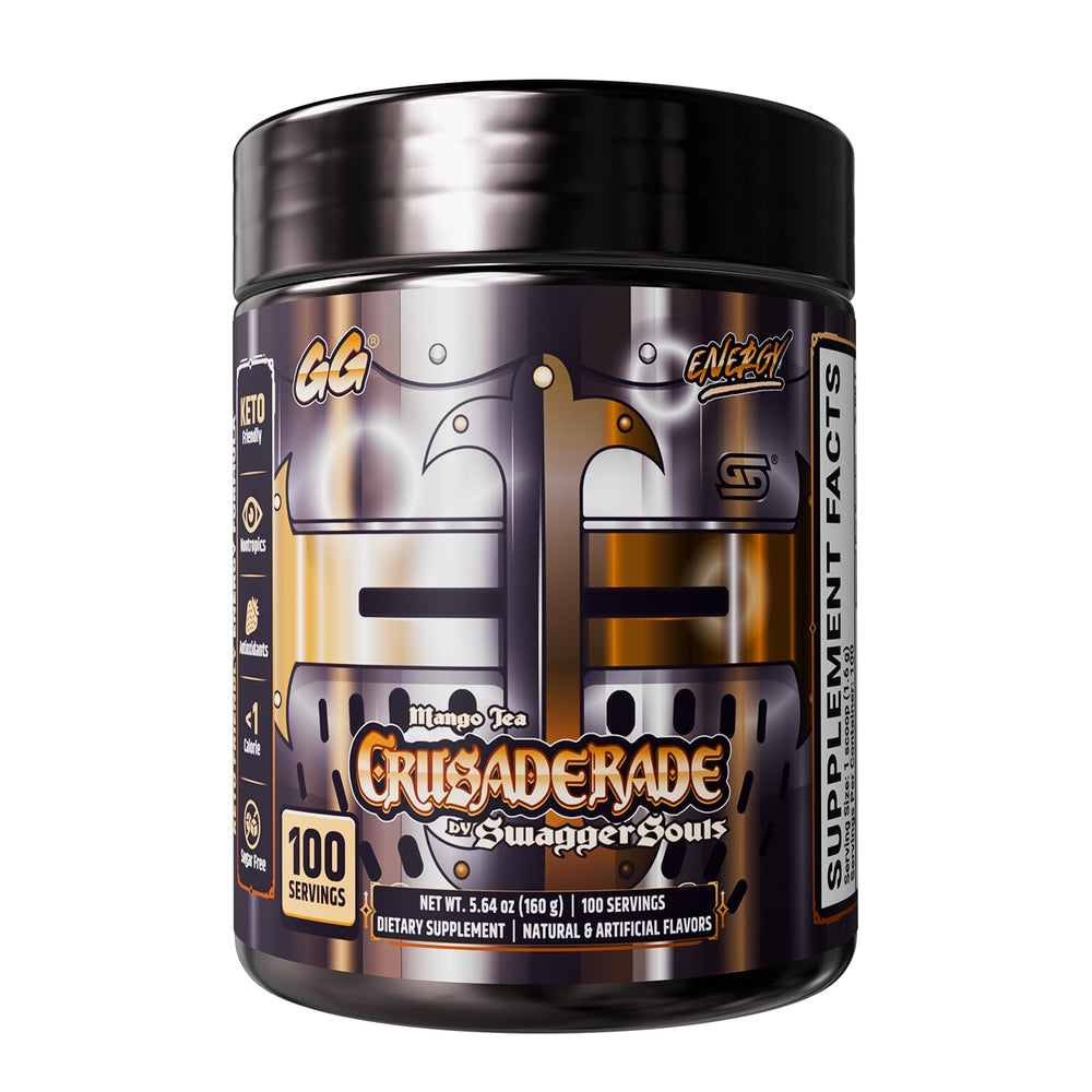 Gamer Supps tarro Crusaderade al frente, visual atractivo y claridad de etiqueta
