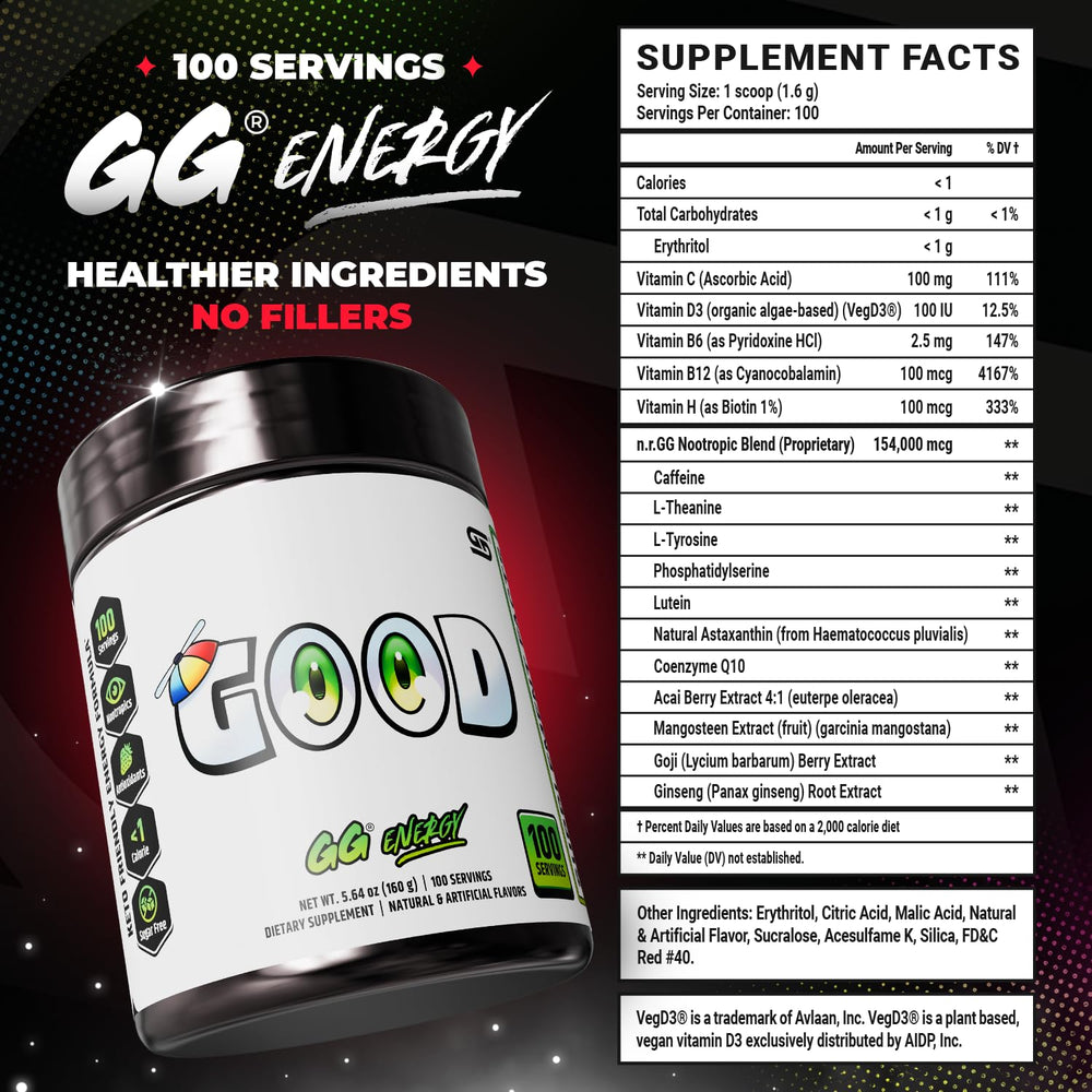 Gamer Supps GG Energy en escena de jugador ofreciendo enfoque prolongado