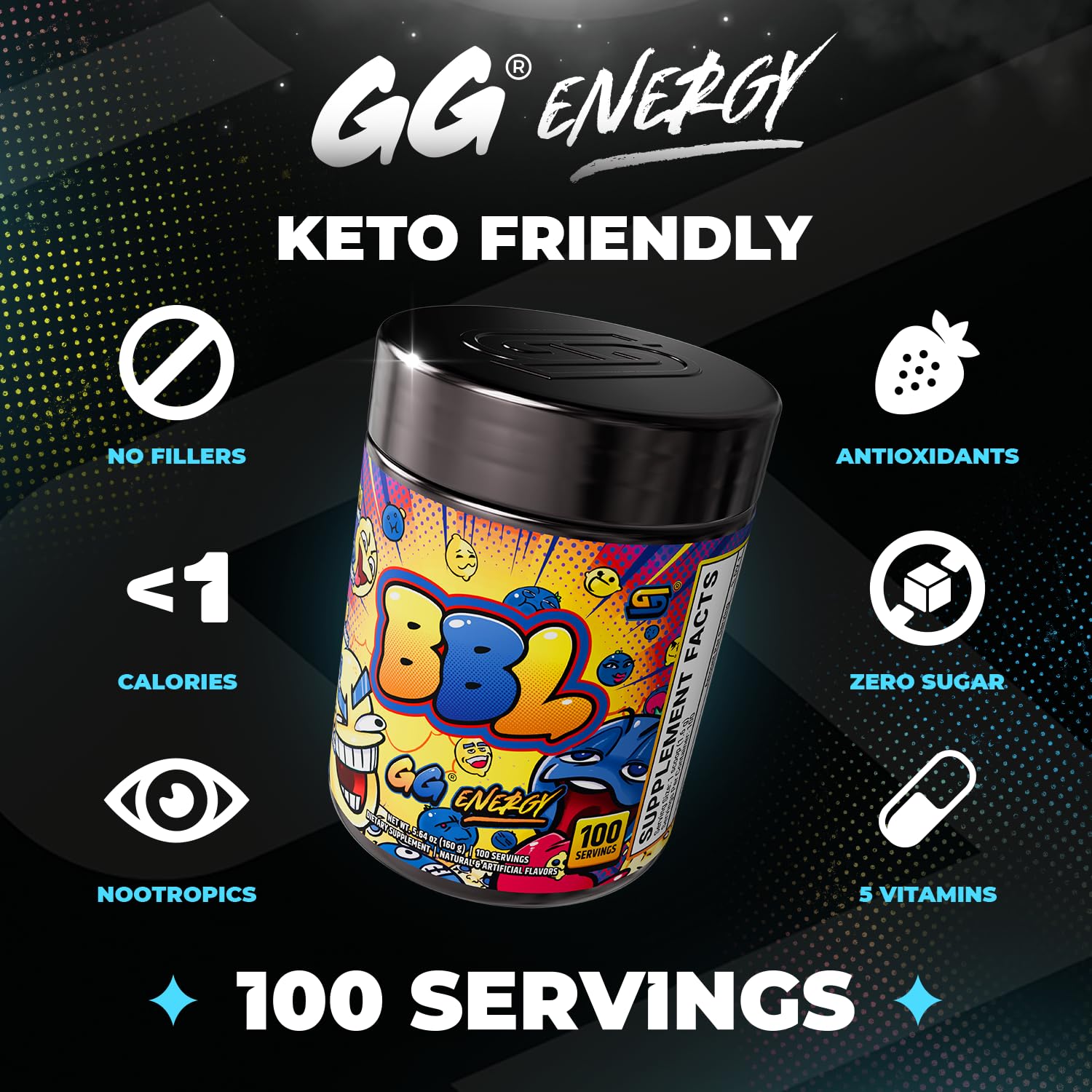 Gamer Supps polvo de GG Energy azul cercano que revela la textura fina y mezcla fácil al disolverse