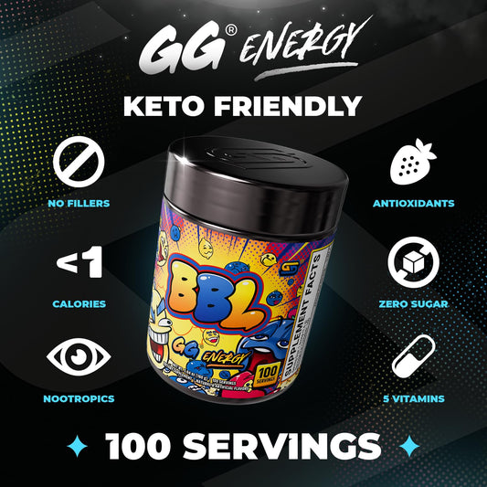 Gamer Supps polvo de GG Energy azul cercano que revela la textura fina y mezcla fácil al disolverse