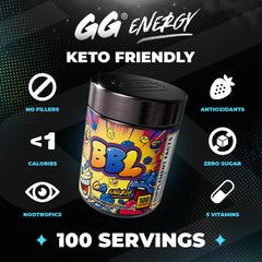 Gamer Supps polvo de GG Energy azul cercano que revela la textura fina y mezcla fácil al disolverse