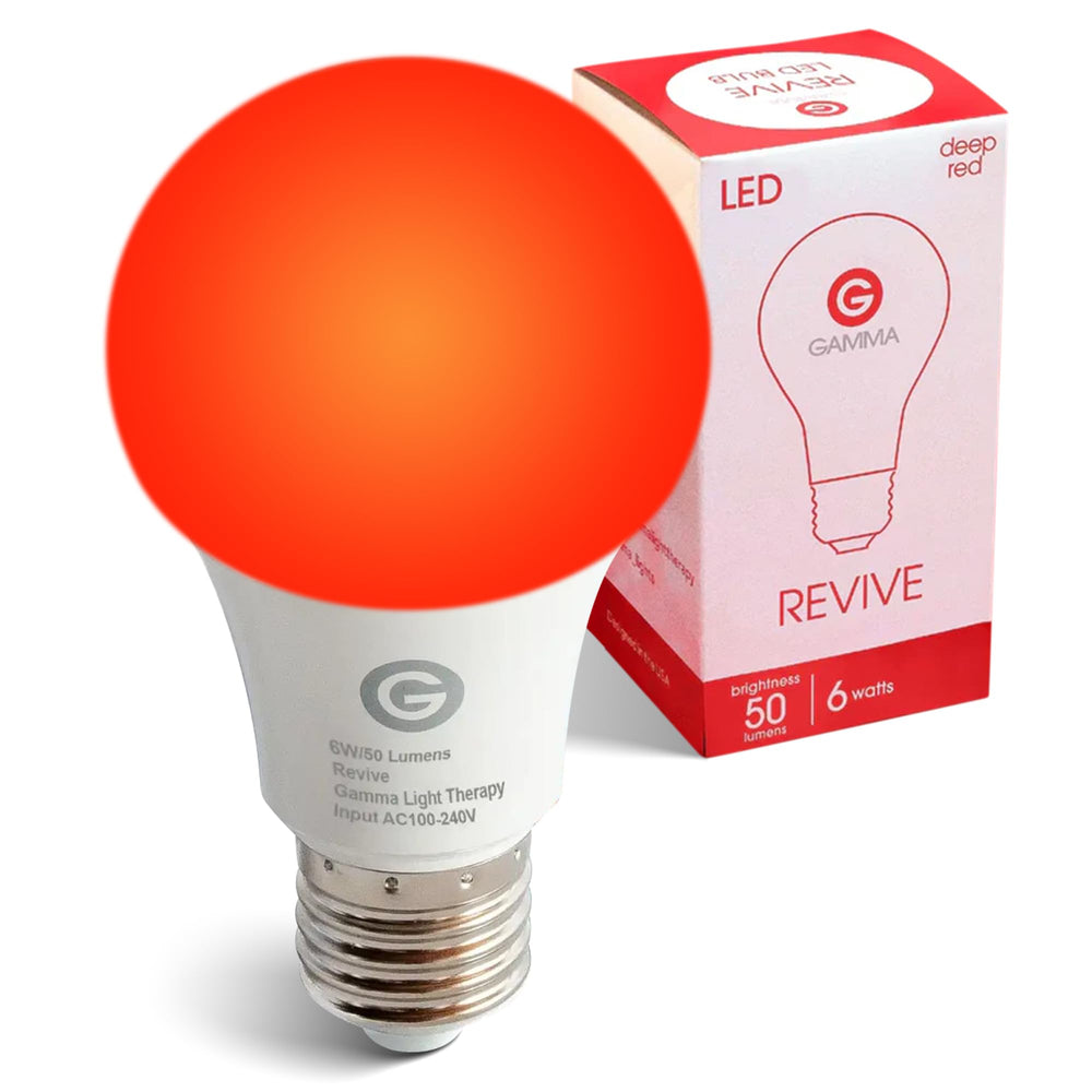 Gamma Revive vista frontal del empaque mostrando la bombilla y beneficios