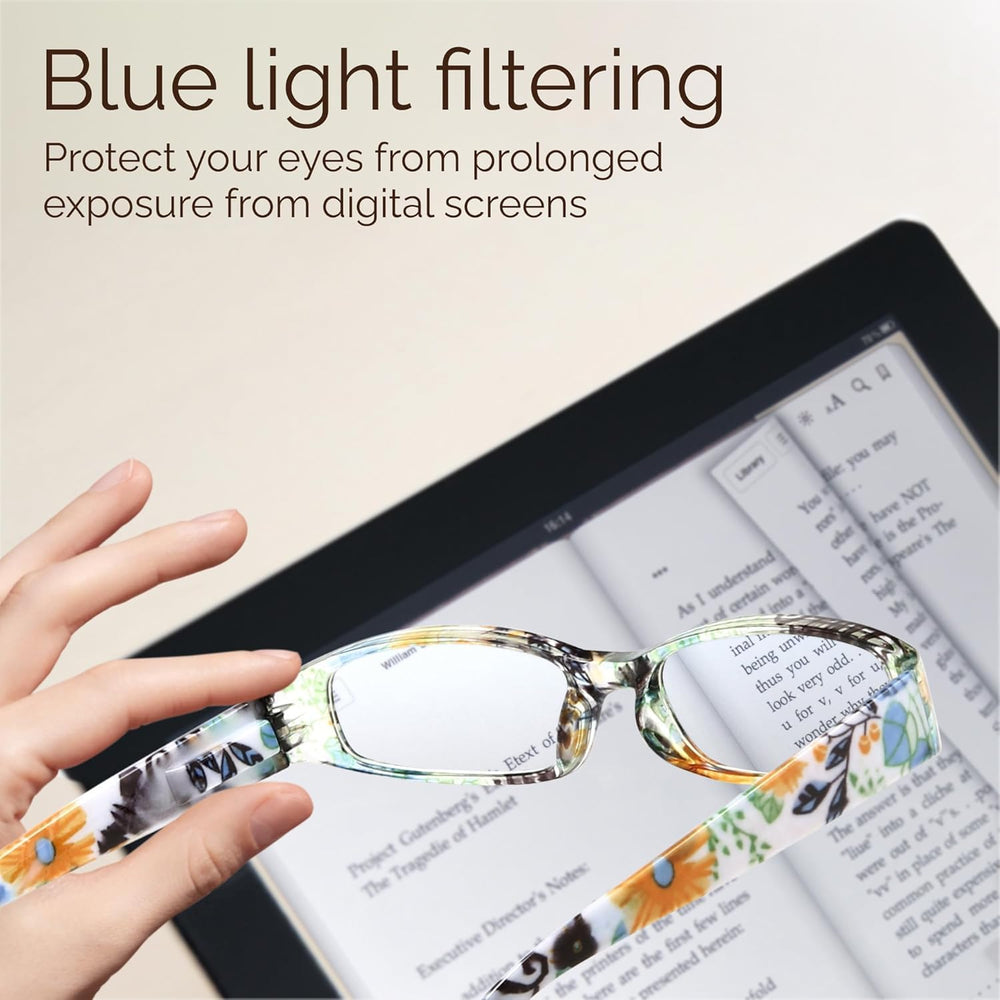 Gaoye gafas en escritorio frente a tablet para uso digital