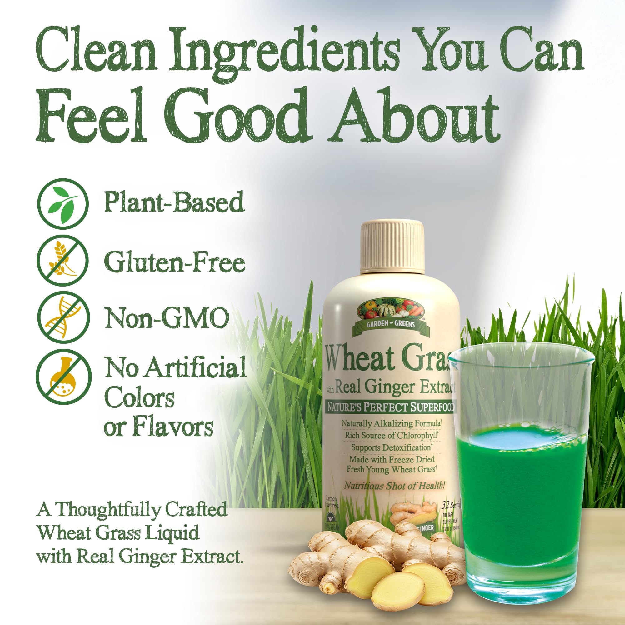Garden Greens etiqueta con ingredientes y beneficios visibles
