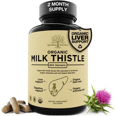 Garden of Herbz envase frontal mostrando milk thistle y beneficio hepático