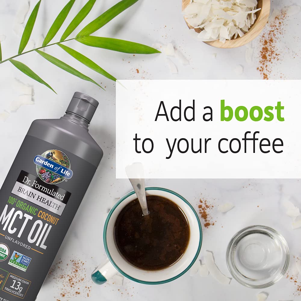 Taza de café con aceite MCT Garden of Life mezclado para un impulso cremoso y sin sabor