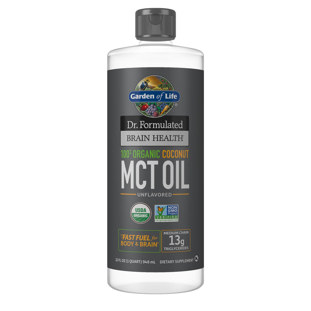 Garden of Life envase frontal del aceite MCT mostrando tamaño y marca, facilita elegir el producto