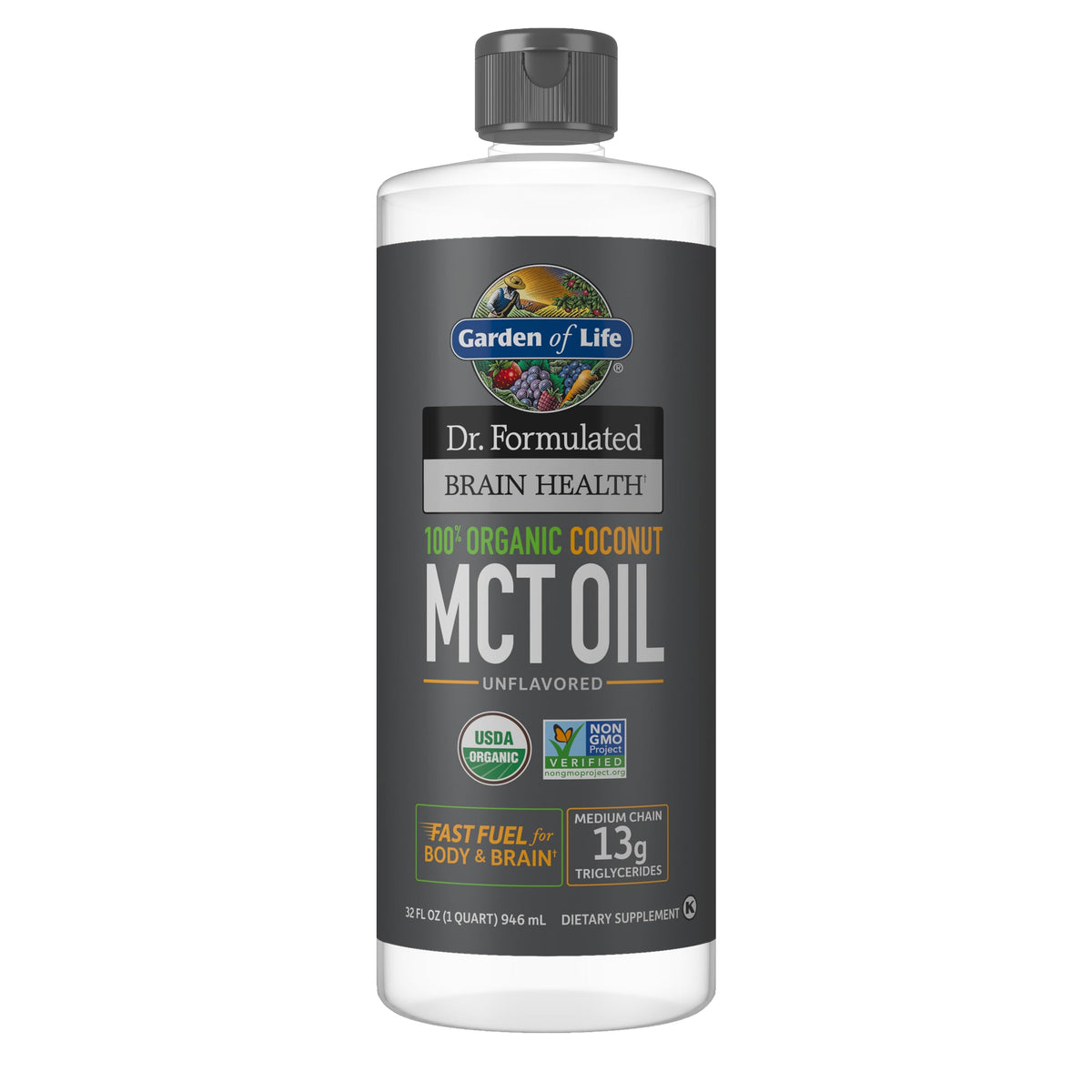 Garden of Life envase frontal del aceite MCT mostrando tamaño y marca, facilita elegir el producto