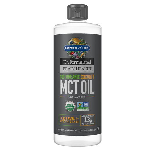 Garden of Life envase frontal del aceite MCT mostrando tamaño y marca, facilita elegir el producto