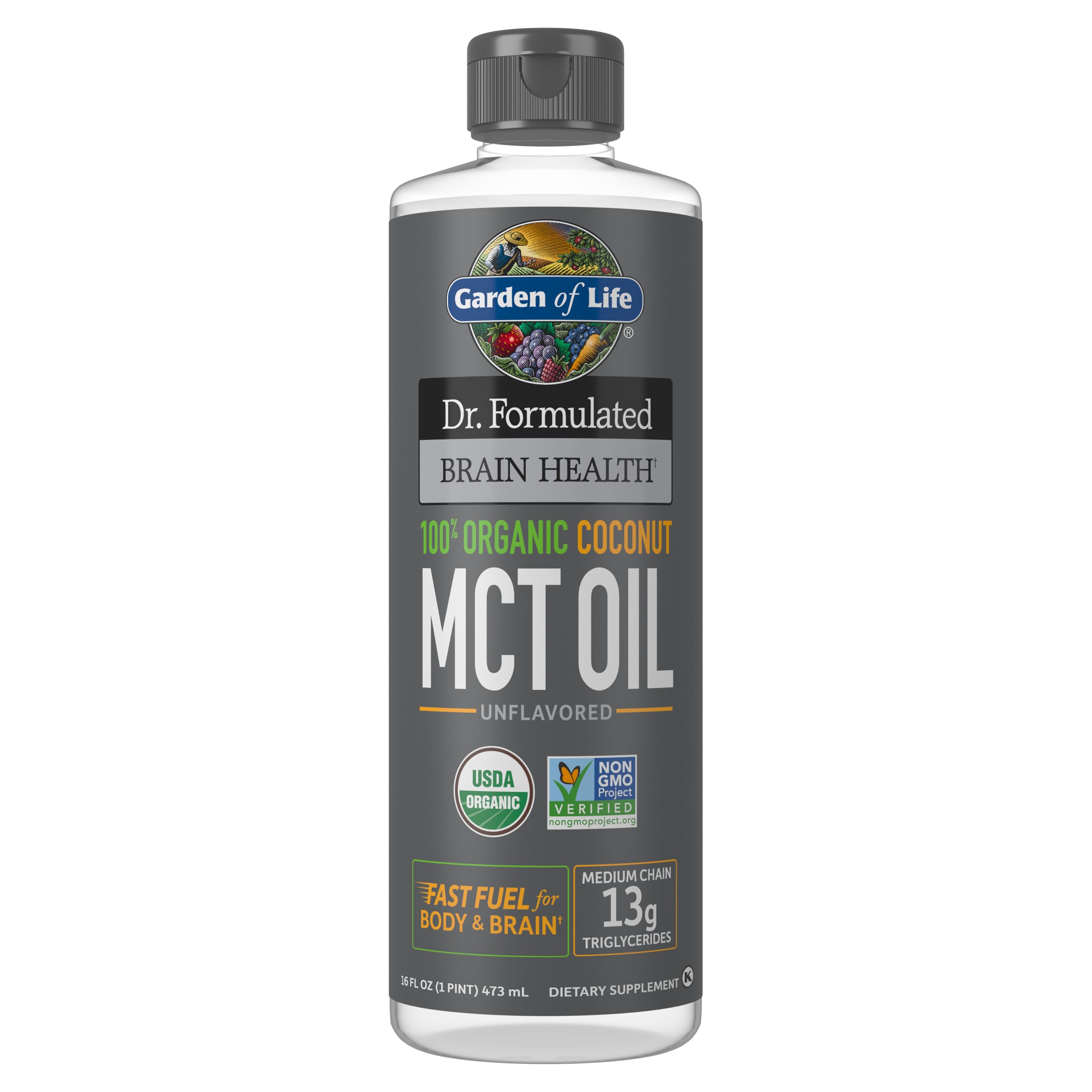 Garden of Life botella frontal mostrando aceite MCT y beneficios
