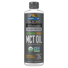 Garden of Life botella frontal mostrando aceite MCT y beneficios