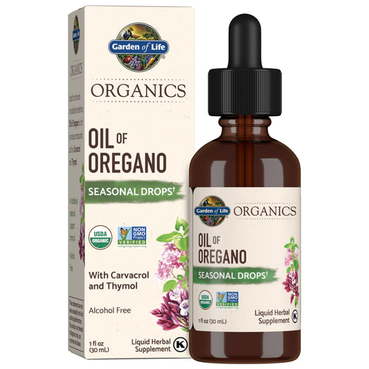 Garden of Life frasco delantero del aceite de orégano mostrando etiqueta y tamaño