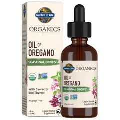 Garden of Life frasco delantero del aceite de orégano mostrando etiqueta y tamaño