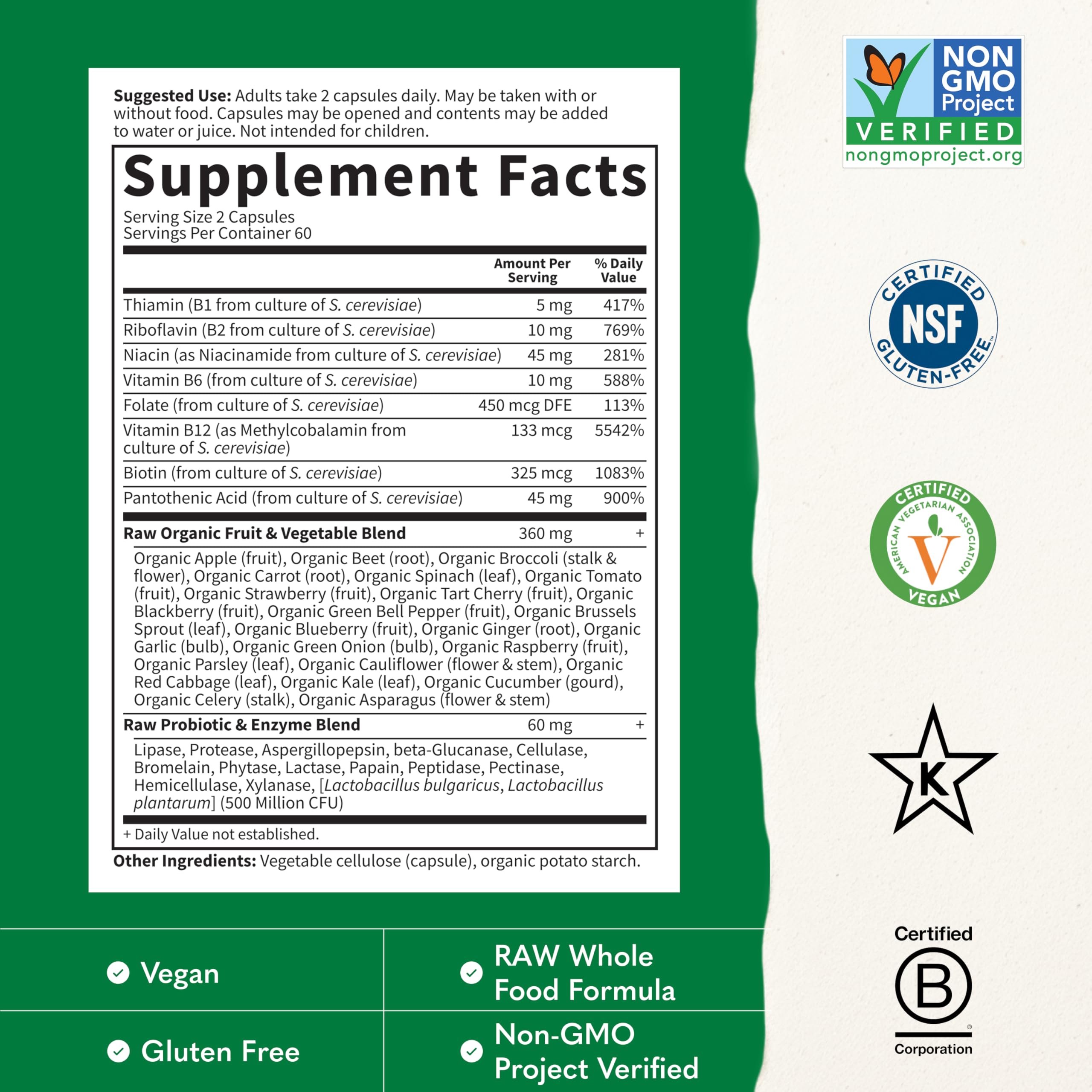 Garden of Life etiqueta con lista de vitaminas B y folato natural