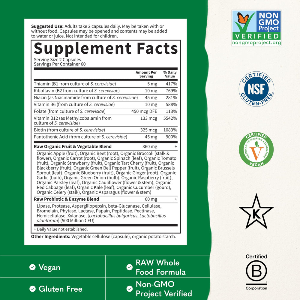 Garden of Life etiqueta con lista de vitaminas B y folato natural